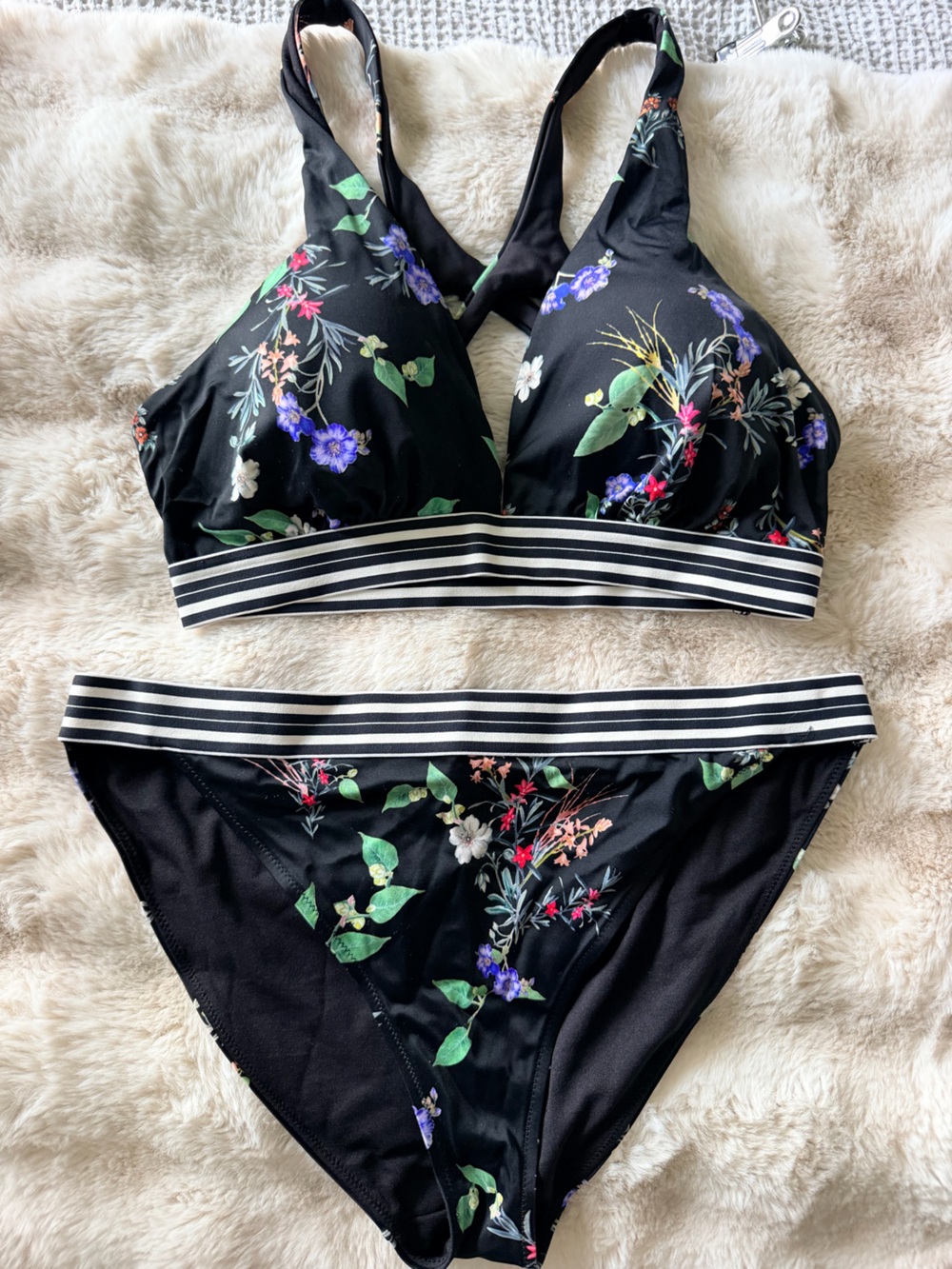 Athleta Black Floral Striped-Band Bikini Set